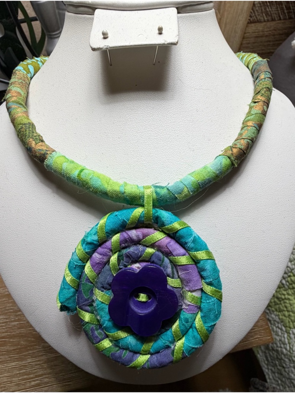 Handcrafted 18” Green & Purple Fabric Coil Necklace with Purple Flower Accent